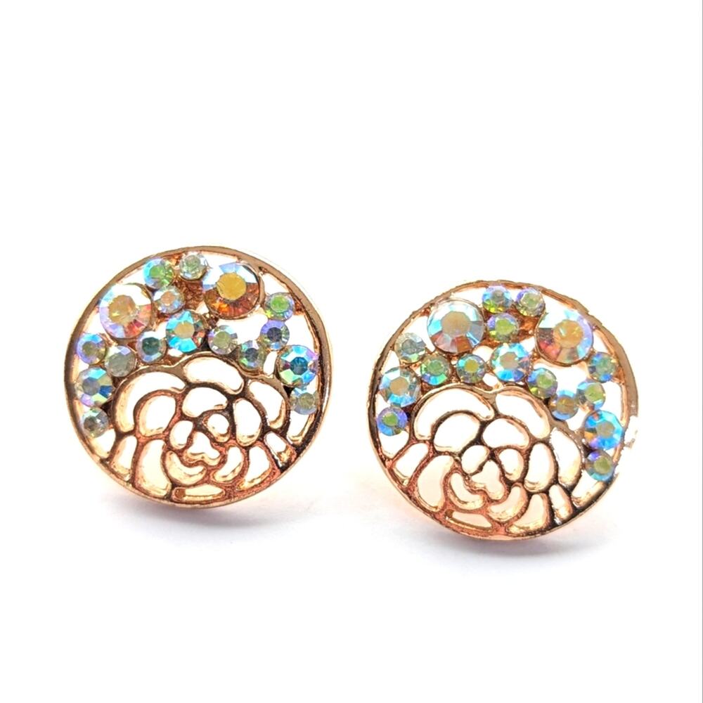 Vintage Gold Tone Filigree Open Work Floral Aurora Borealis Crystal Post Earring